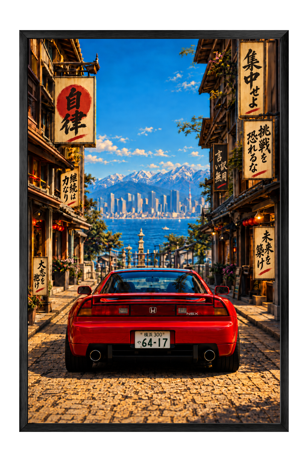 Red NSX On Japanese Alleyway Facing Bay And City Skyline