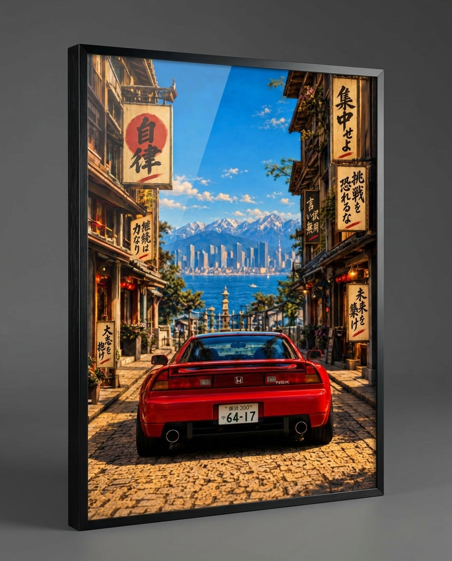 Red NSX On Japanese Alleyway Facing Bay And City Skyline — mockup 1