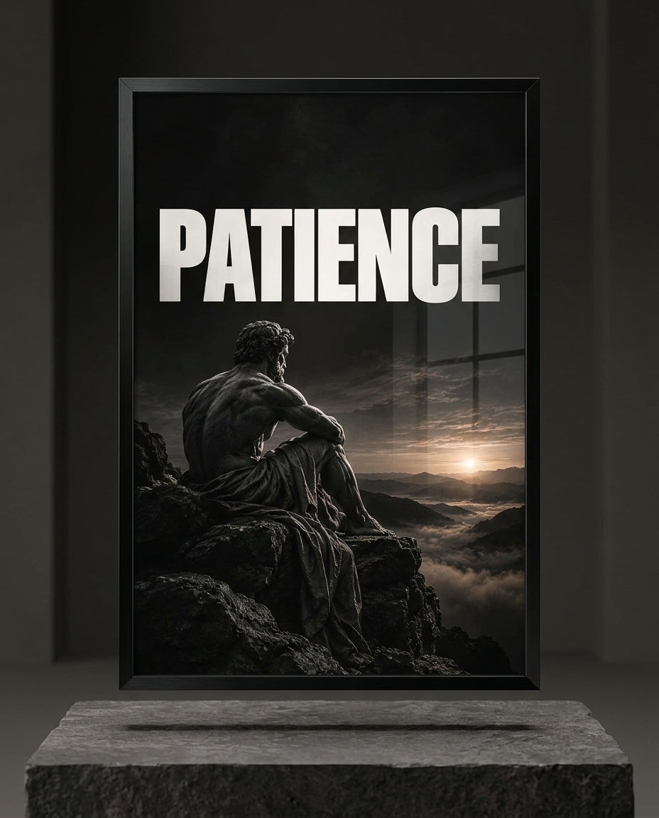Patience Statue Overlooking Misty Mountain Sunrise Poster — mockup 1
