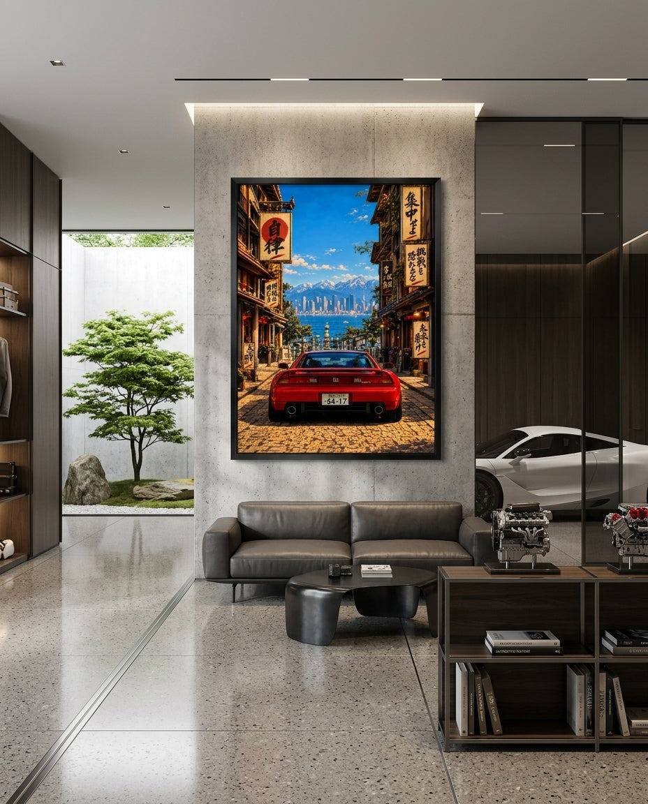 Red NSX On Japanese Alleyway Facing Bay And City Skyline — mockup 2