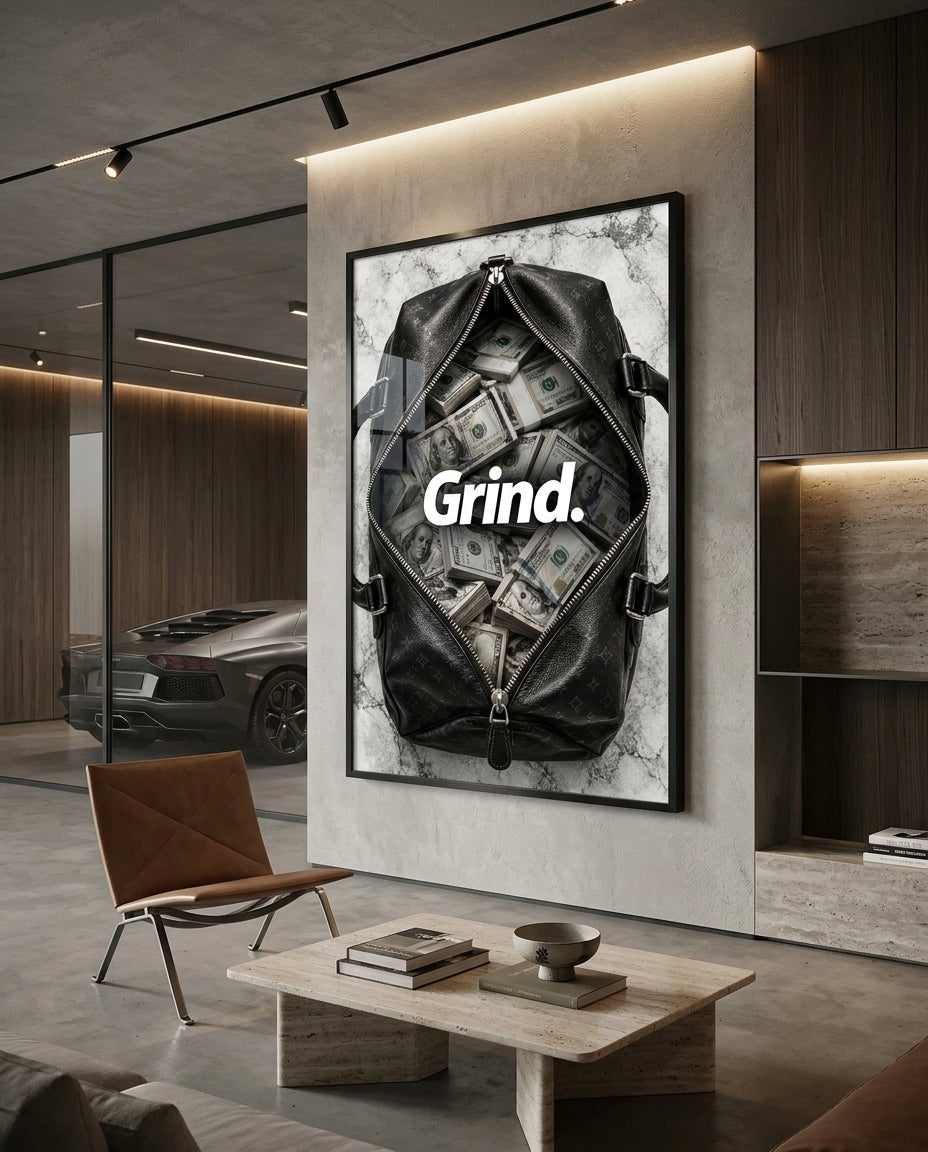 Grind Cash-Filled Duffel Bag Luxury Wall Art — mockup 2