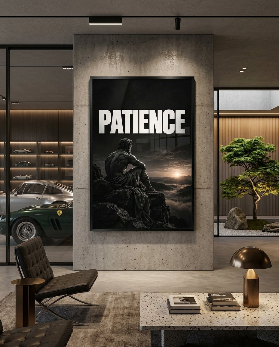 Patience Statue Overlooking Misty Mountain Sunrise Poster — mockup 2