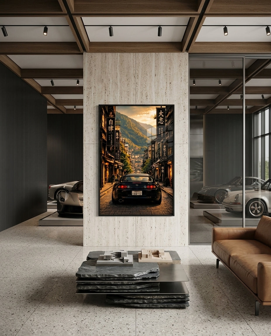 Black Toyota Supra On Historic Japanese Mountain Street — mockup 2