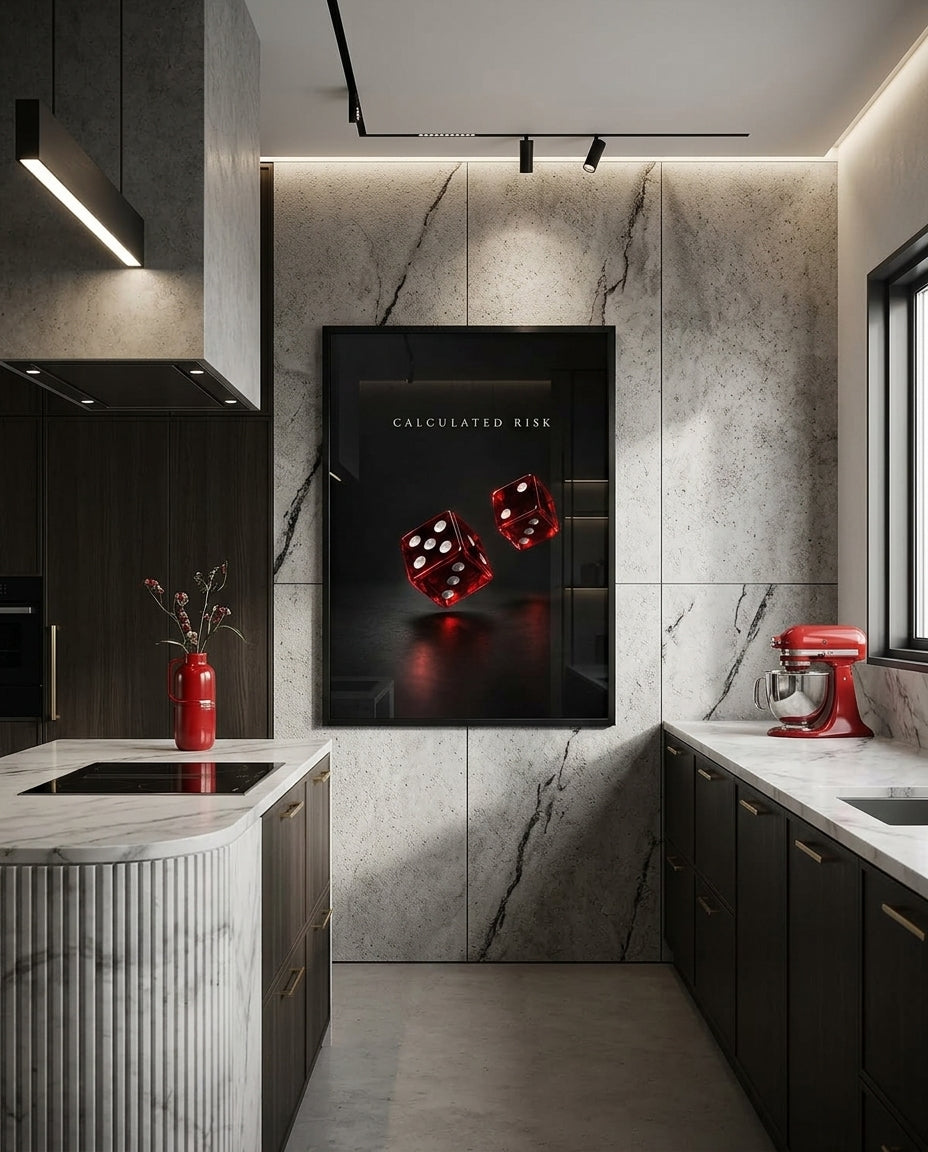 Calculated Risk Red Dice Luxury Framed Wall Art — mockup 3