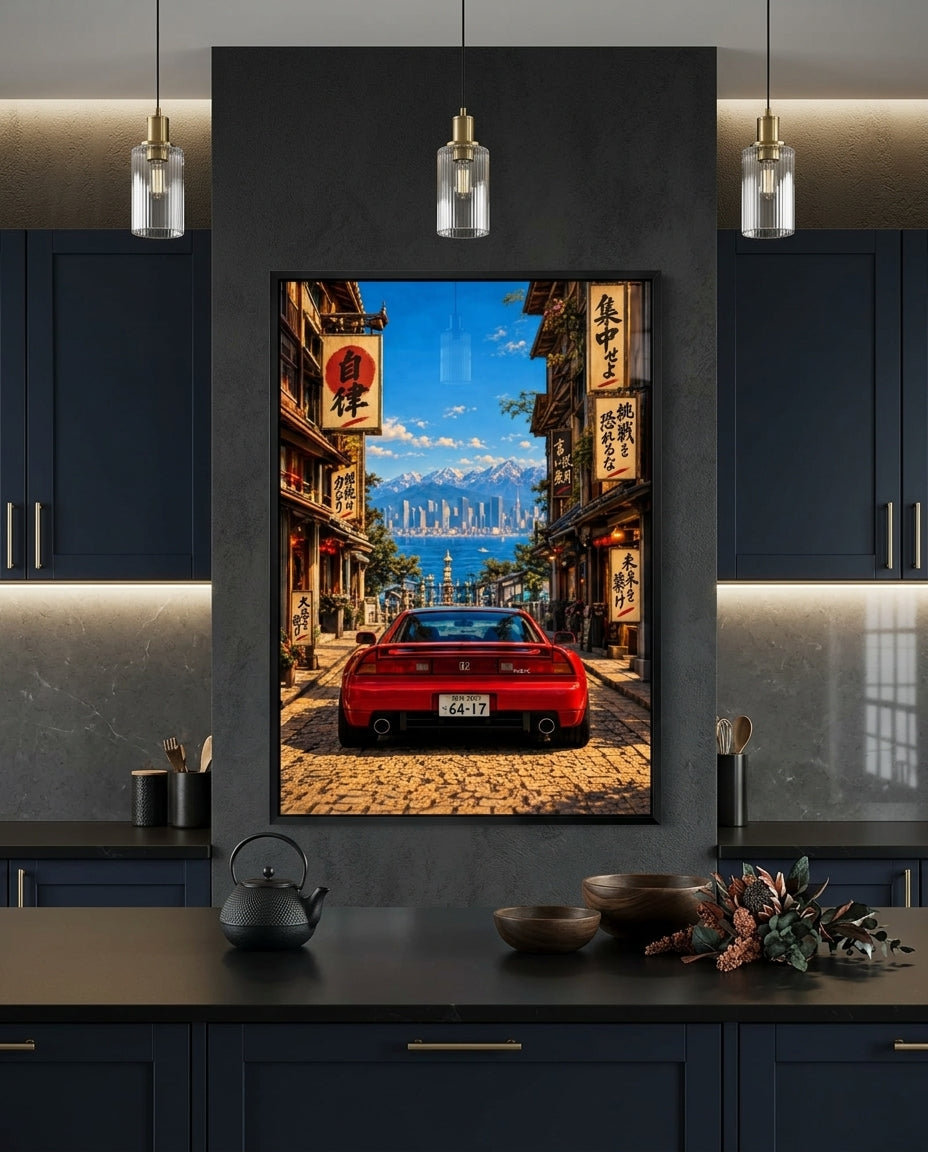 Red NSX On Japanese Alleyway Facing Bay And City Skyline — mockup 3
