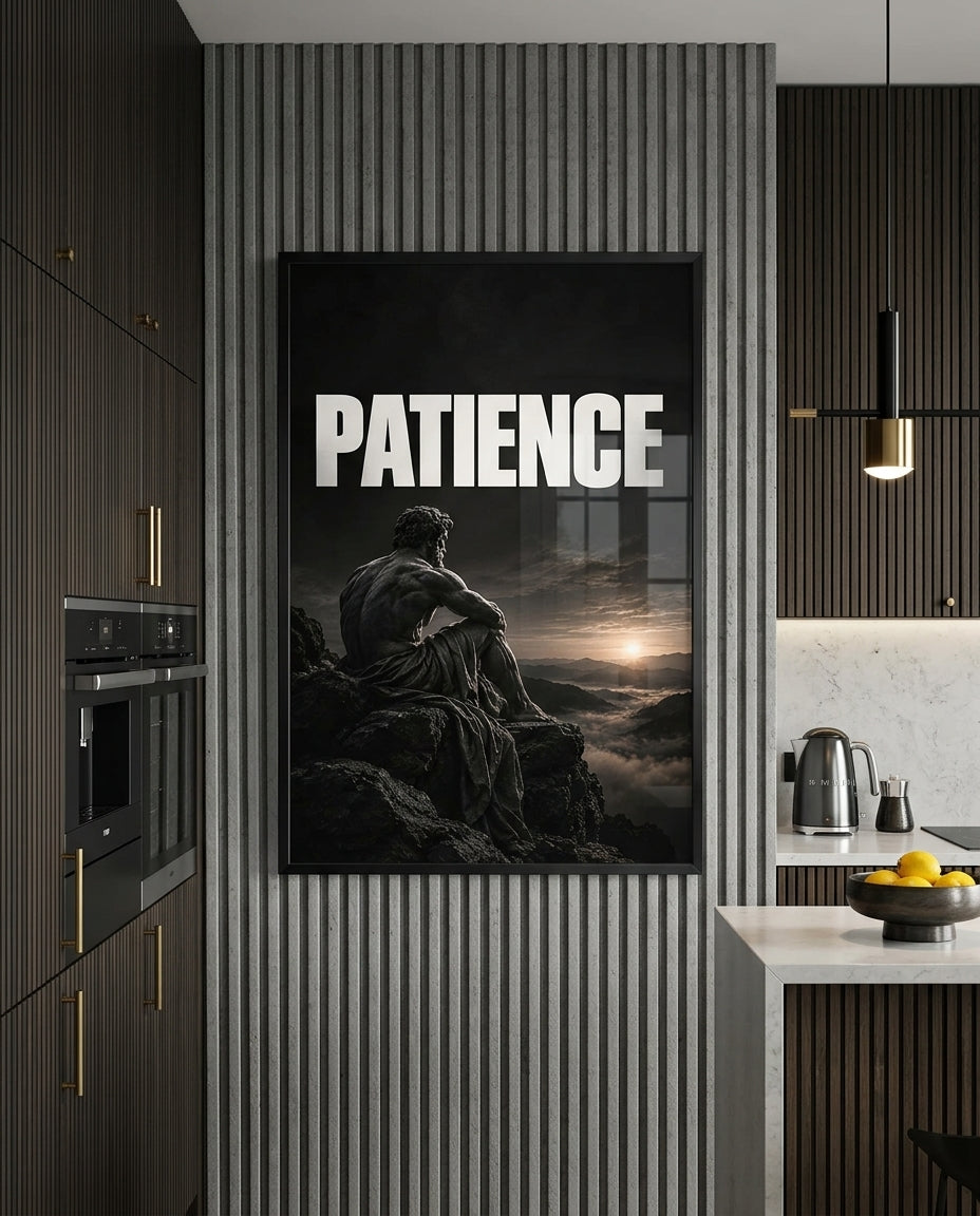 Patience Statue Overlooking Misty Mountain Sunrise Poster — mockup 3