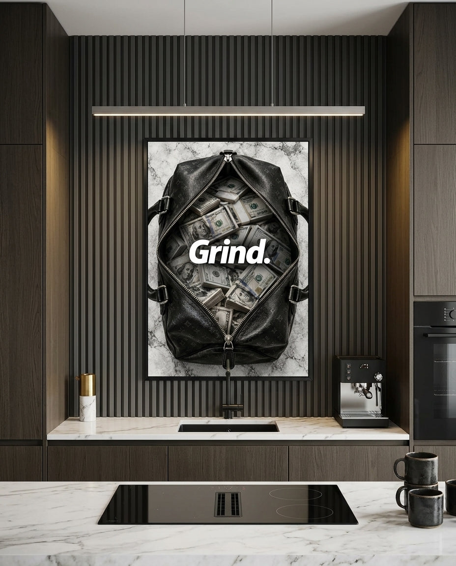 Grind Cash-Filled Duffel Bag Luxury Wall Art — mockup 3