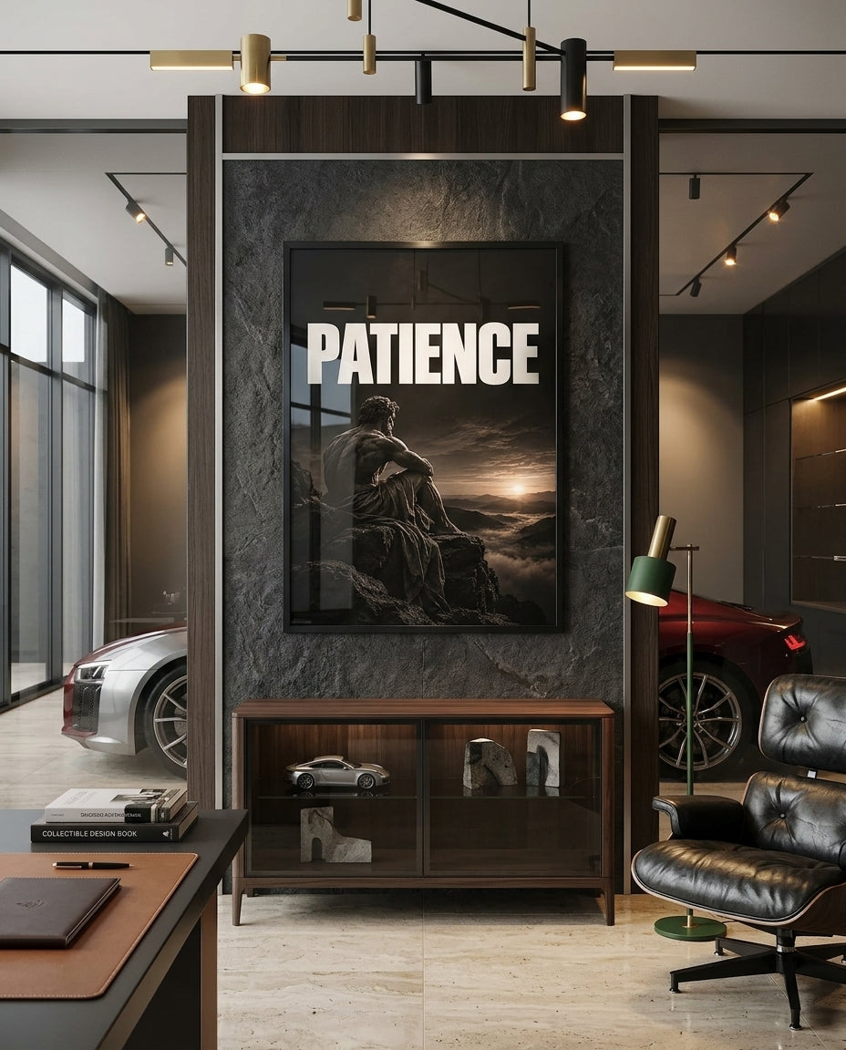 Patience Statue Overlooking Misty Mountain Sunrise Poster — mockup 4