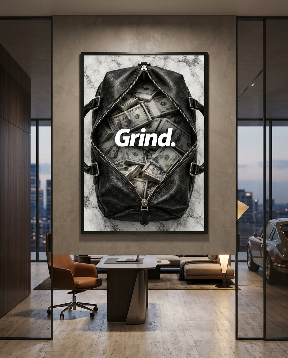 Grind Cash-Filled Duffel Bag Luxury Wall Art — mockup 4