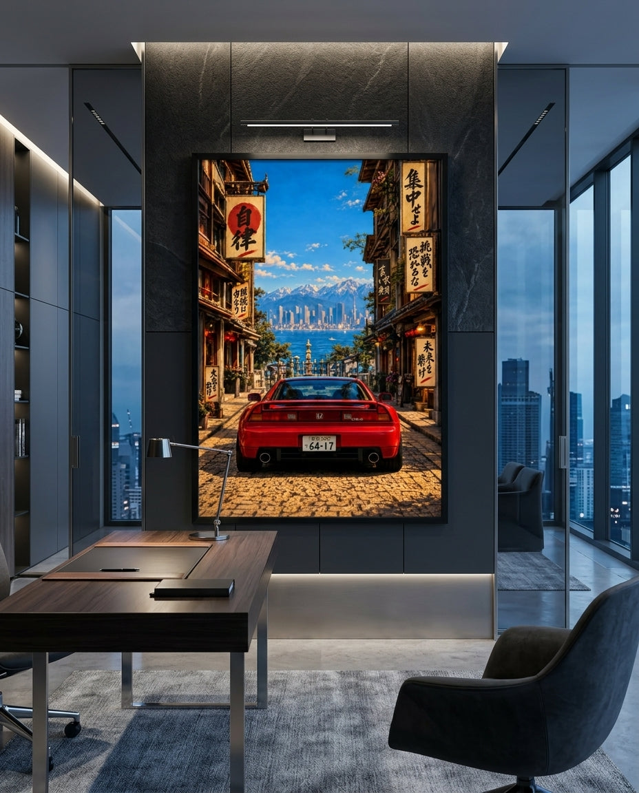 Red NSX On Japanese Alleyway Facing Bay And City Skyline — mockup 4
