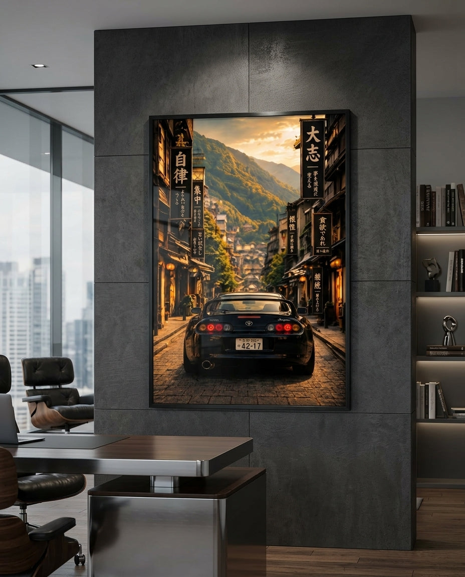 Black Toyota Supra On Historic Japanese Mountain Street — mockup 4