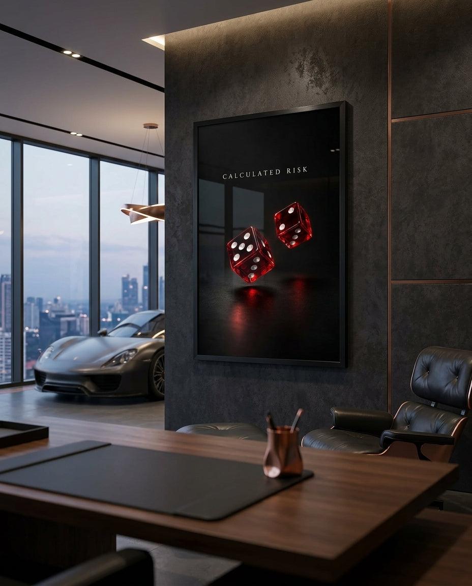 Calculated Risk Red Dice Luxury Framed Wall Art — mockup 4