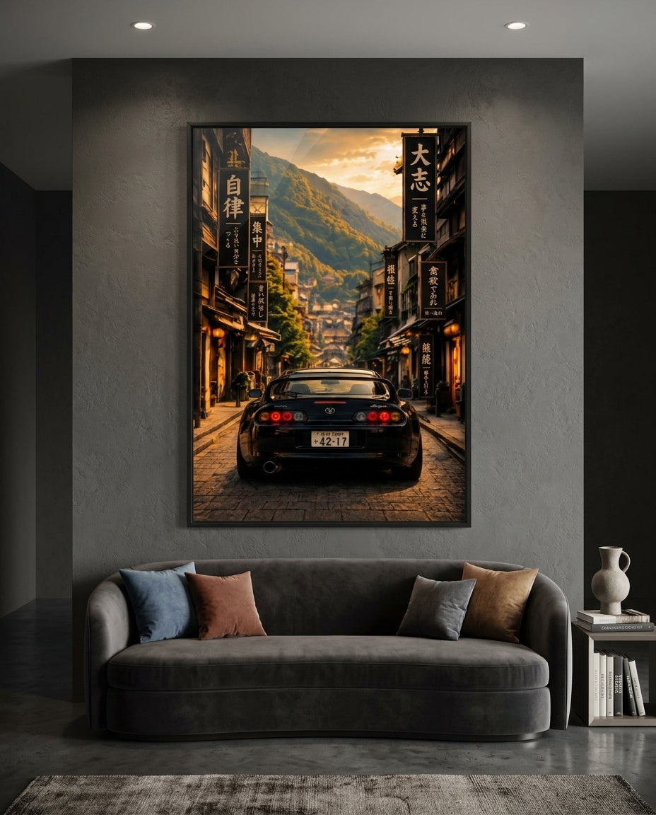 Black Toyota Supra On Historic Japanese Mountain Street — mockup 5
