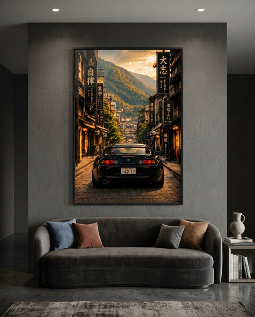 Black Toyota Supra On Historic Japanese Mountain Street — mockup 5