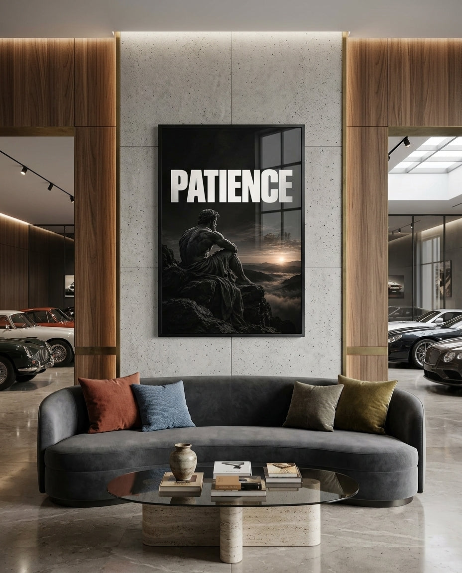 Patience Statue Overlooking Misty Mountain Sunrise Poster — mockup 5