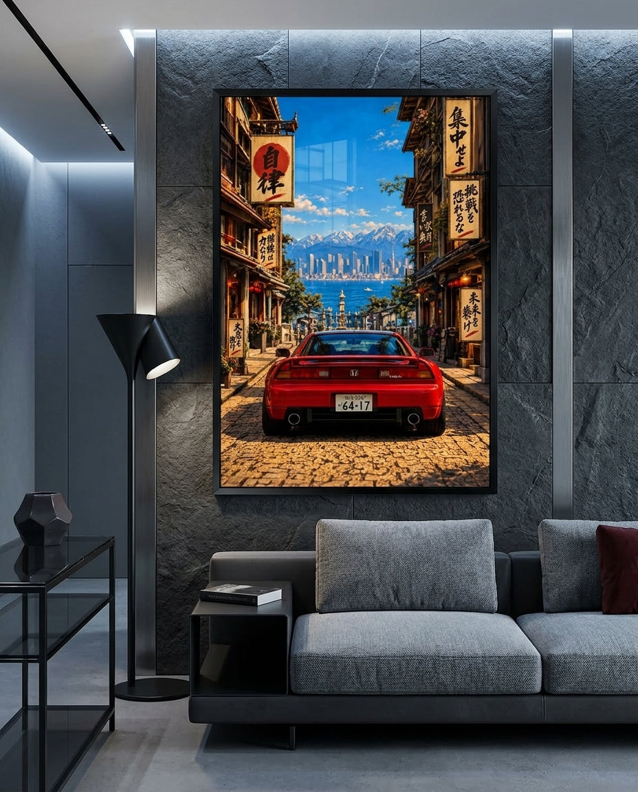 Red NSX On Japanese Alleyway Facing Bay And City Skyline — mockup 5