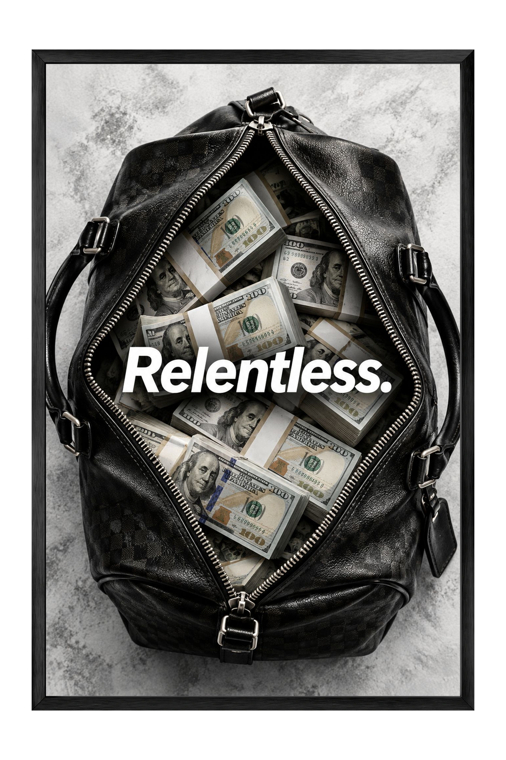 Relentless Cash-Filled Duffel Bag Print — framed canvas