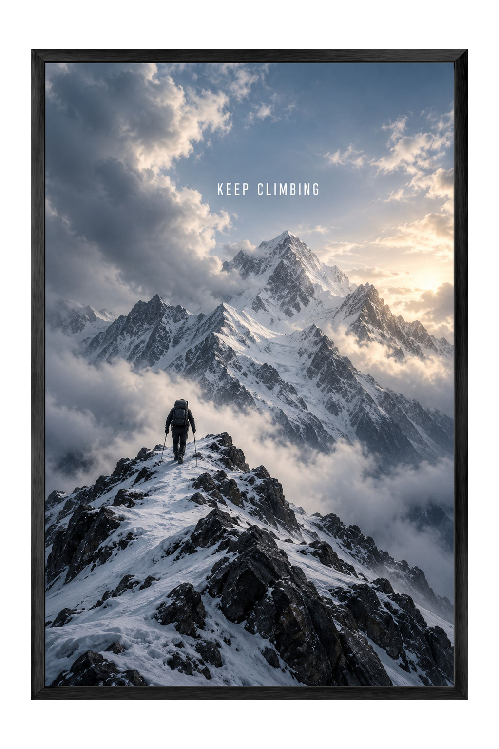 Mountaineer Ascending Snowy Summit — framed canvas