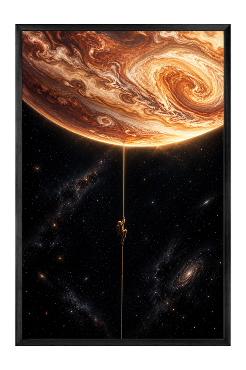 Astronaut Climbing Toward Swirling Gas Giant — framed canvas