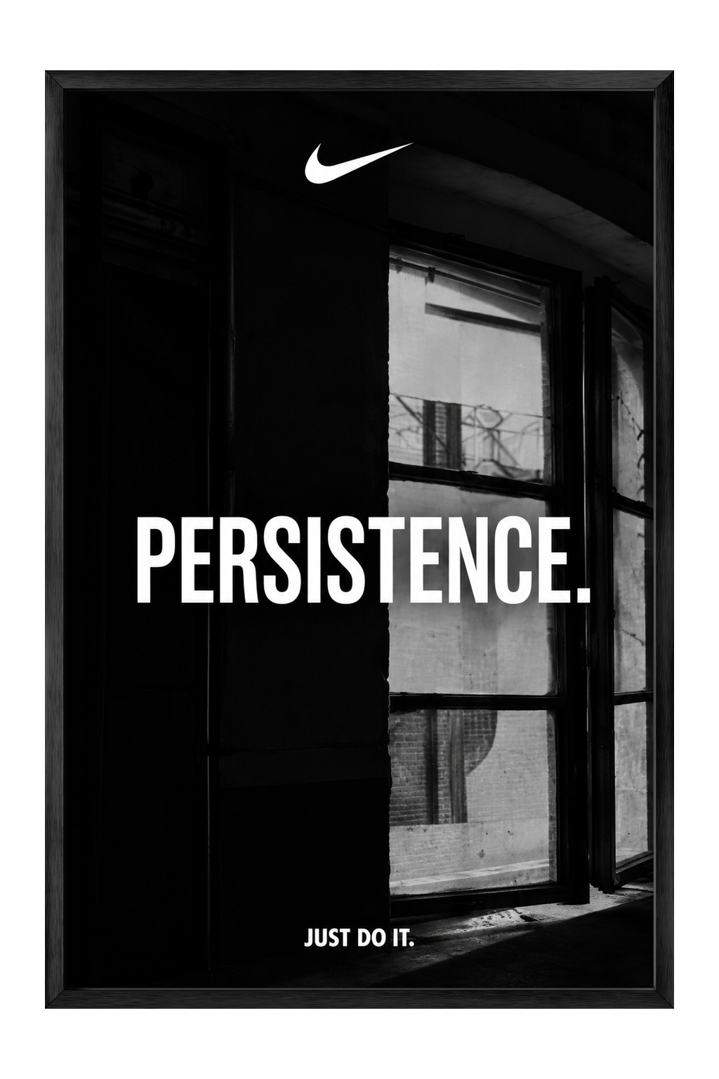 Persistence Typography Over Industrial Window — framed canvas