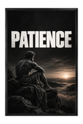 Patience Statue Overlooking Misty Mountain Sunrise Poster — framed canvas